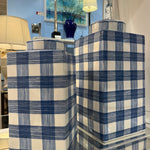 two blue and white lidded jars in a gingham pattern from Madcap Cottage