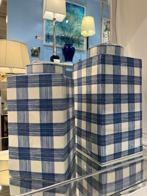 two blue and white lidded jars in a gingham pattern from Madcap Cottage