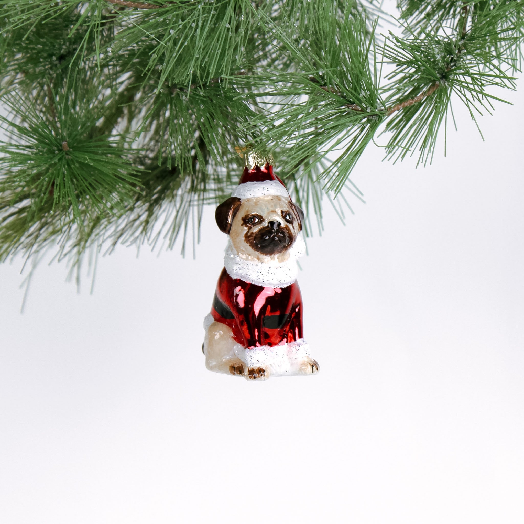 Pug Christmas ornament in a red sweater and Santa hat hanging on a tree branch.