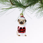 Glass Pug Christmas ornament in a Santa outfit hanging on a tree branch.