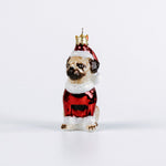 Christmas ornament of a pug dog in a Santa outfit on a white background
