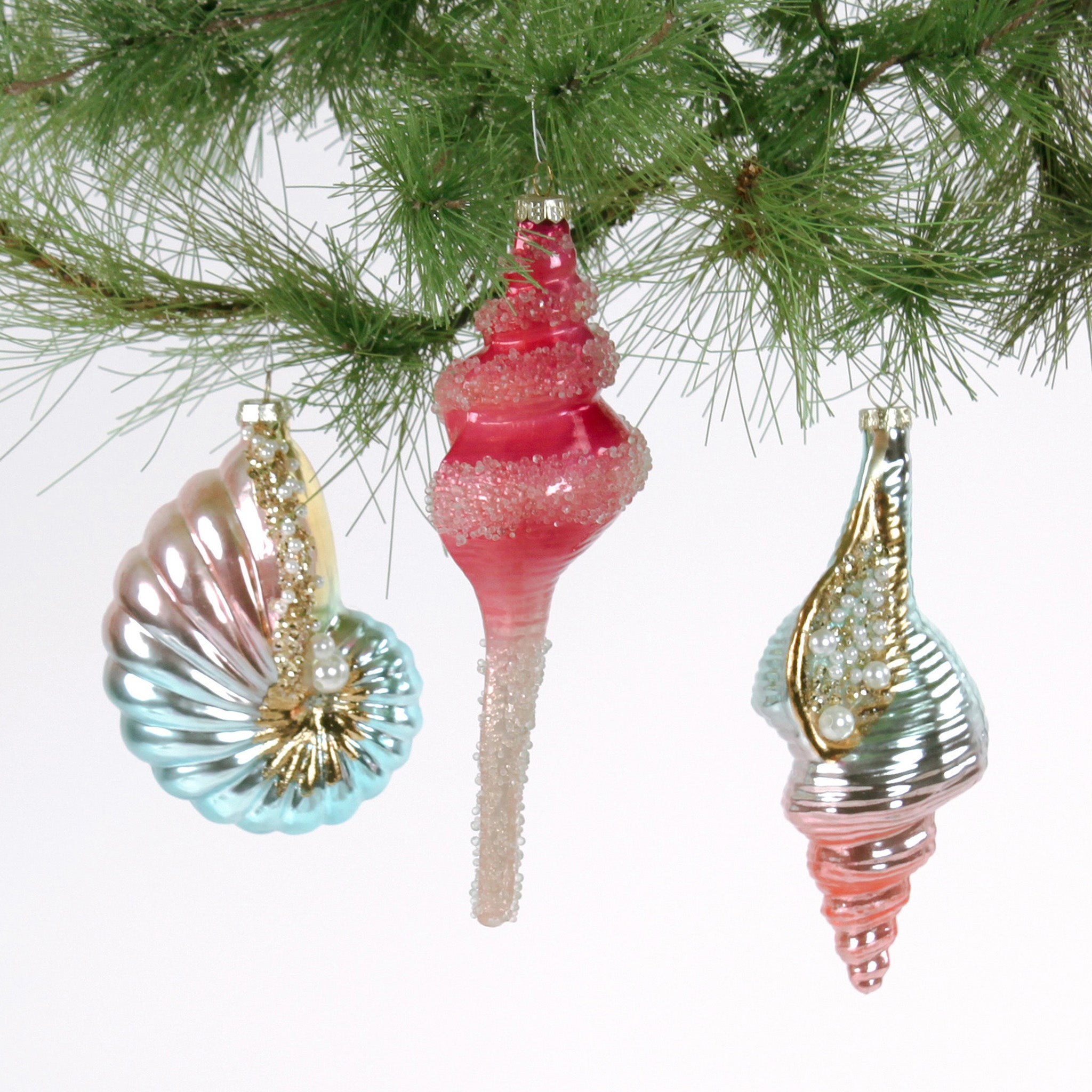 Decorative Christmas tree ornaments with shell design on a branch.