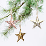 Star-shaped Christmas ornaments hanging on a tree branch