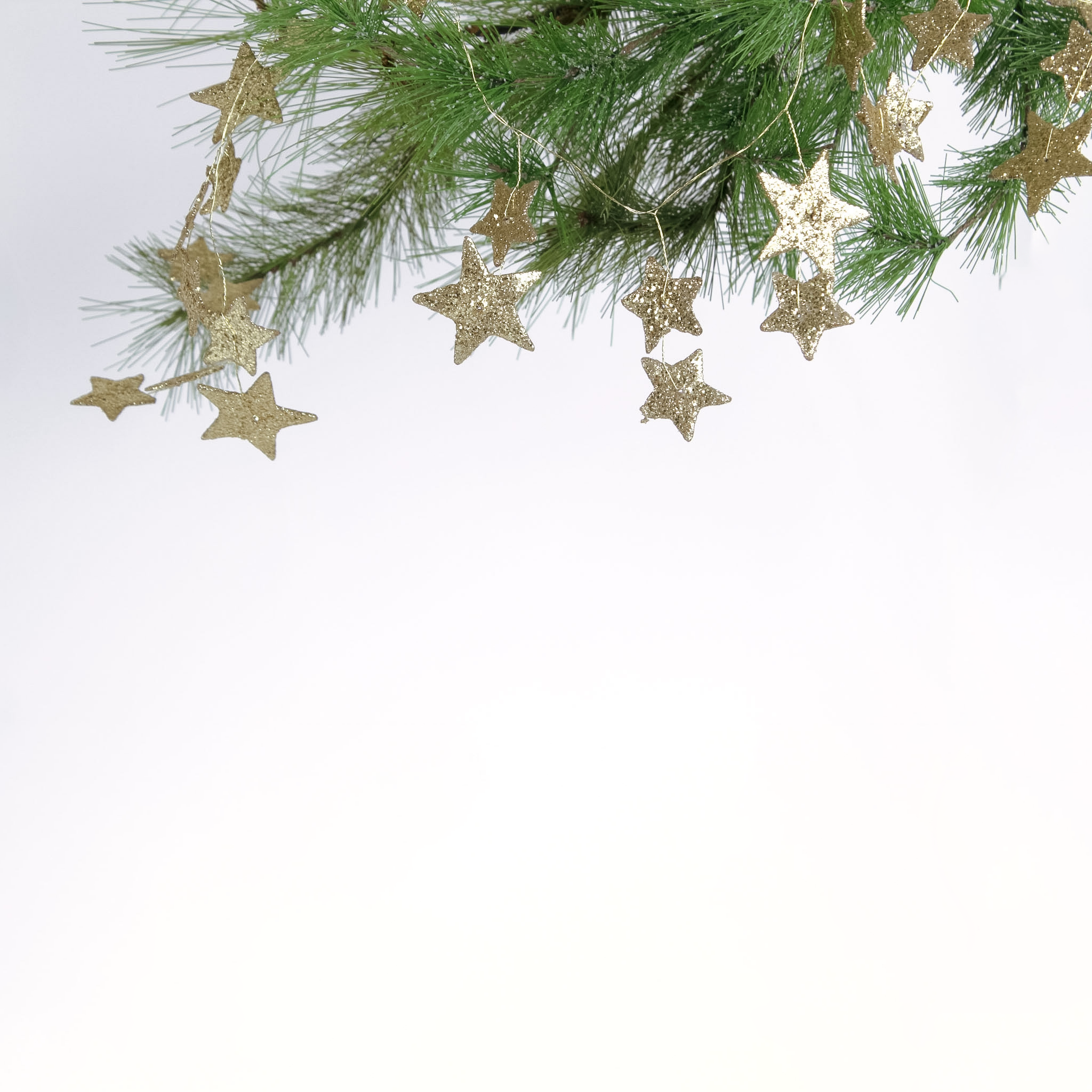 Gold stars Christmas Garland designed on a pine tree branch