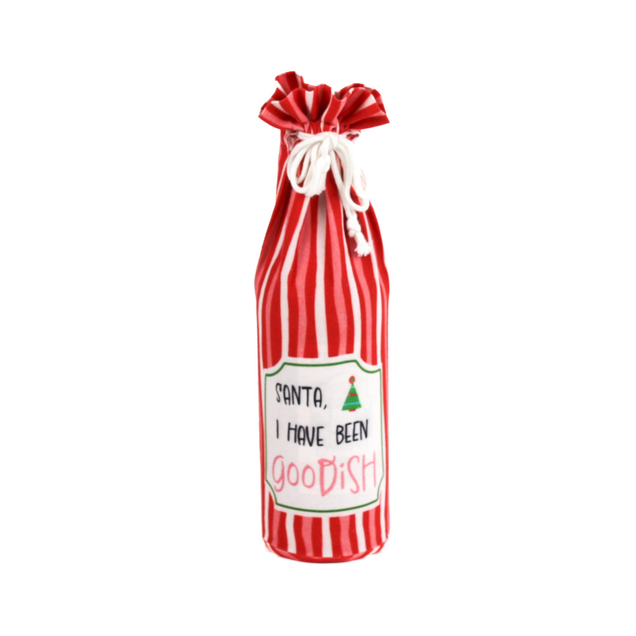 red and white striped wine bag with a “Santa, I have been goodish” label on the front