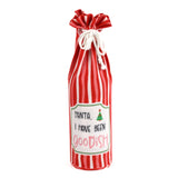 madcap cottage Red and white striped wine bottle bag with a label on a white background