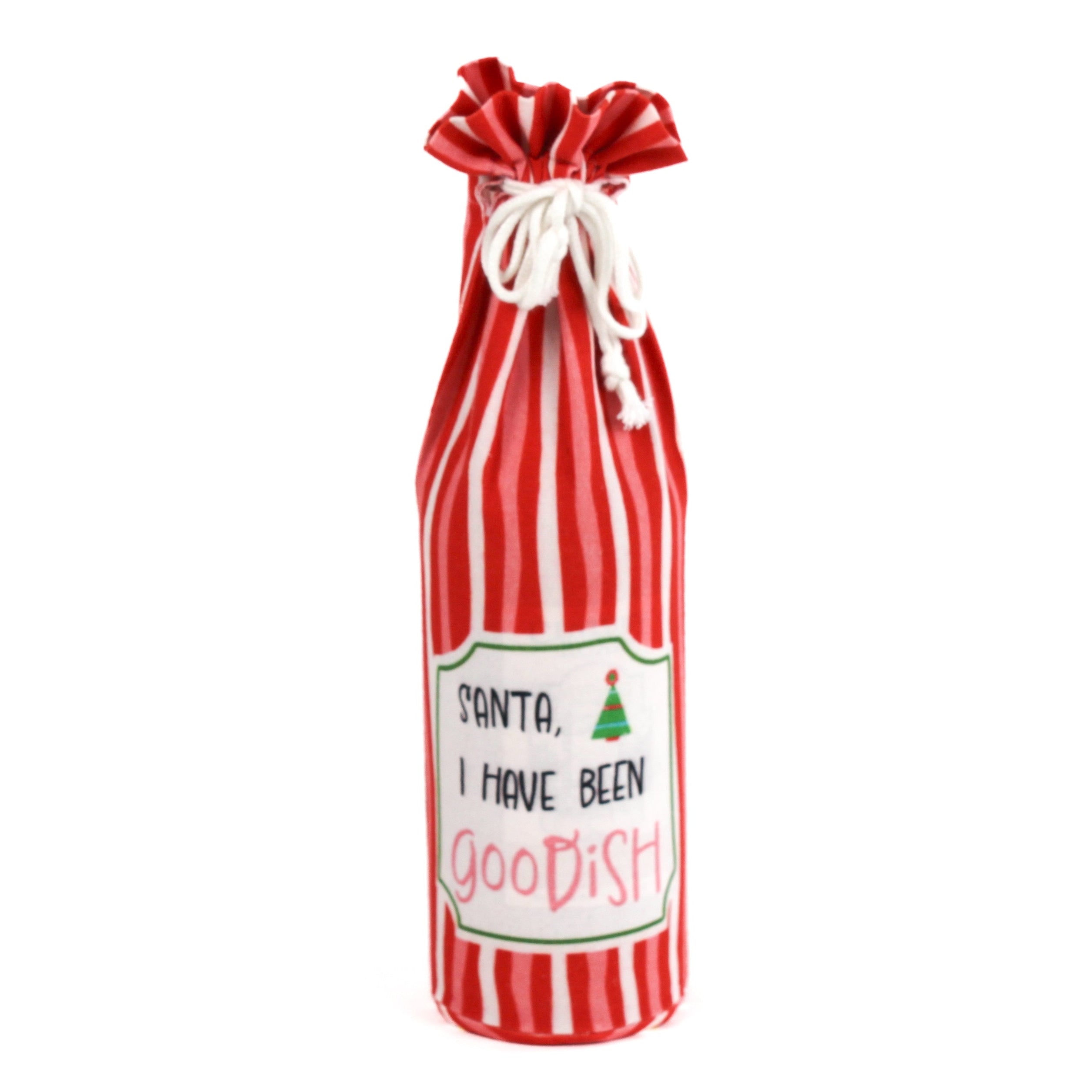 madcap cottage Red and white striped wine bottle bag with a label on a white background