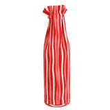 back of the madcap cottage Red and white striped wine bottle bag with a label on a white background