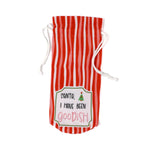 madcap cottage Red and white striped wine bottle bag with a label on a white background