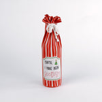 madcap cottage Red and white striped wine bottle bag with a label on a white background