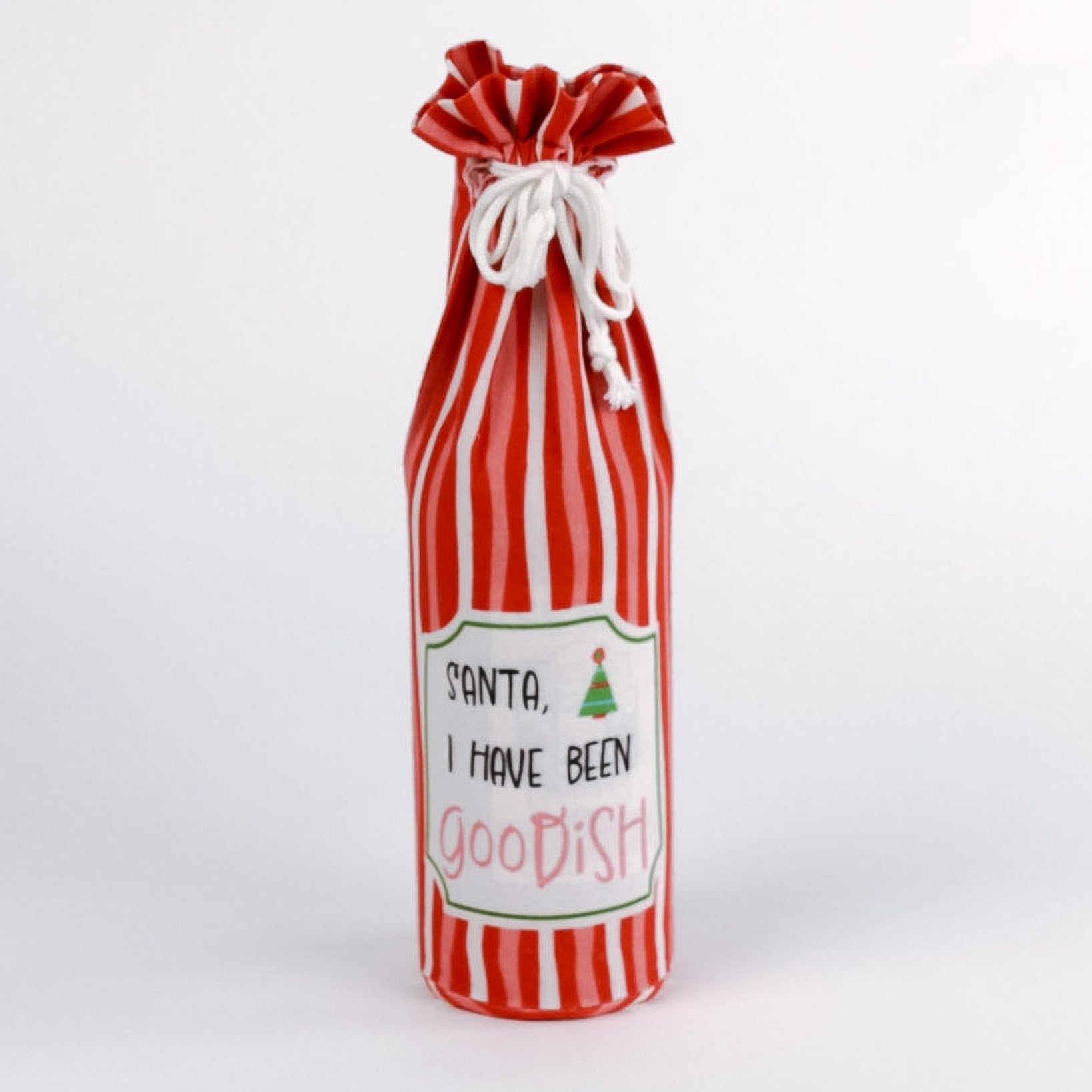 madcap cottage Red and white striped wine bottle bag with a label on a white background