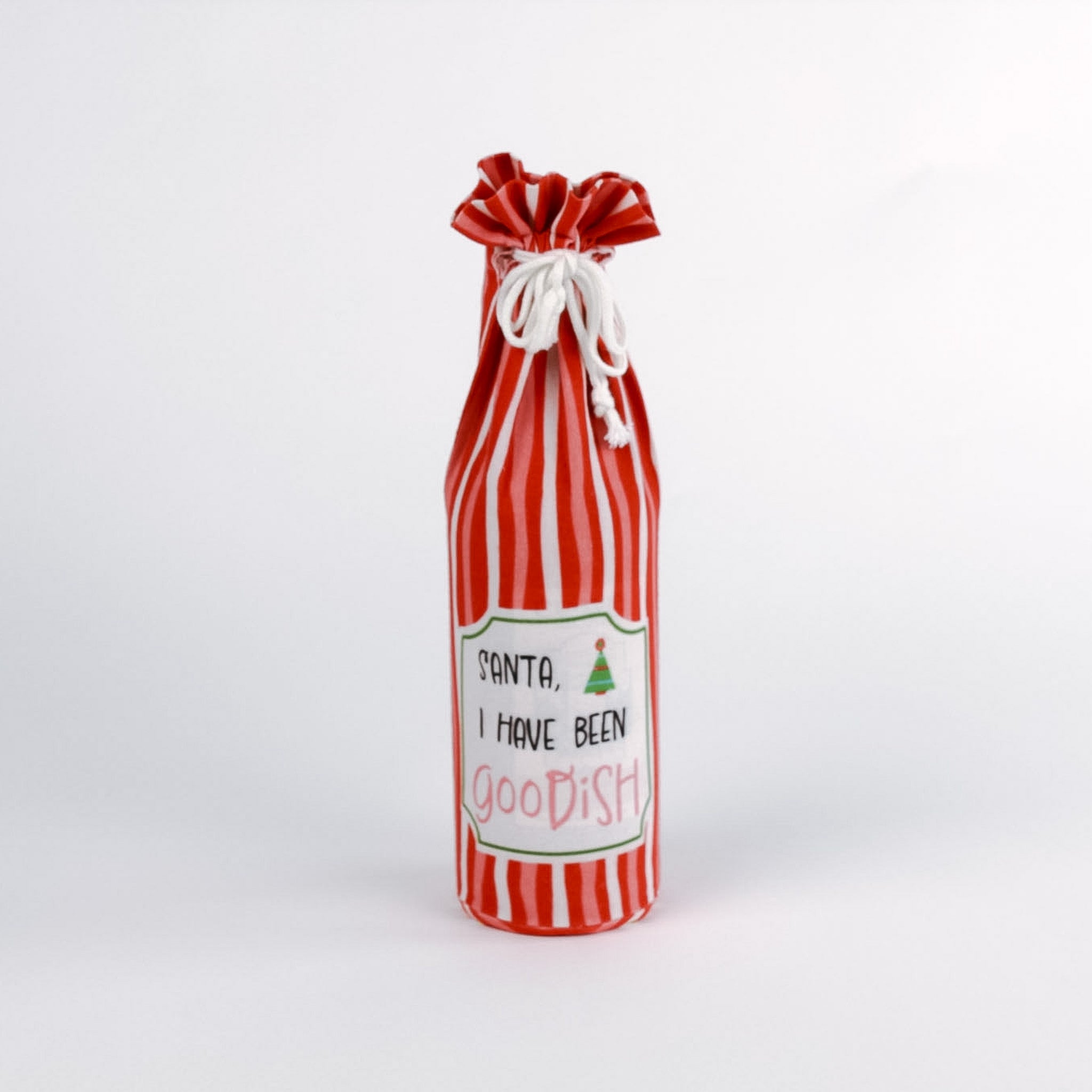 madcap cottage Red and white striped wine bottle bag with a label on a white background