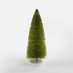 Green Bottle Brush Christmas Tree table decorations in different tones against a white  background. 