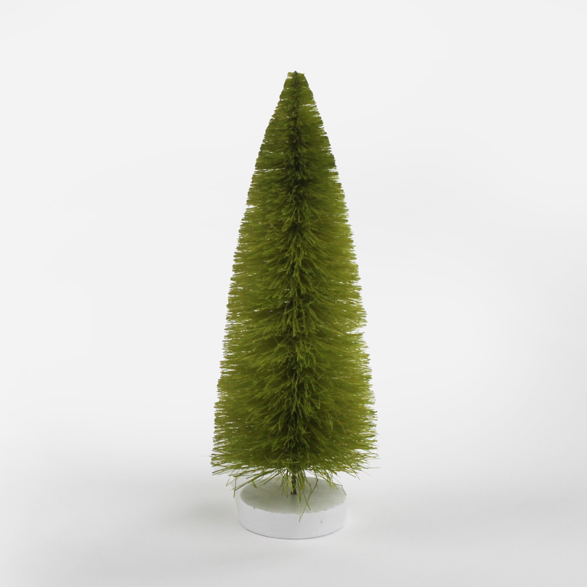 Green Bottle Brush Christmas Tree table decorations in different tones against a white  background. 