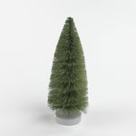 Green Bottle Brush Christmas Tree table decorations in different tones against a white  background. 