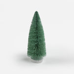 Green Bottle Brush Christmas Tree table decorations in different tones against a white  background. 