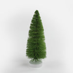 Green Bottle Brush Christmas Tree table decorations in different tones against a white  background. 