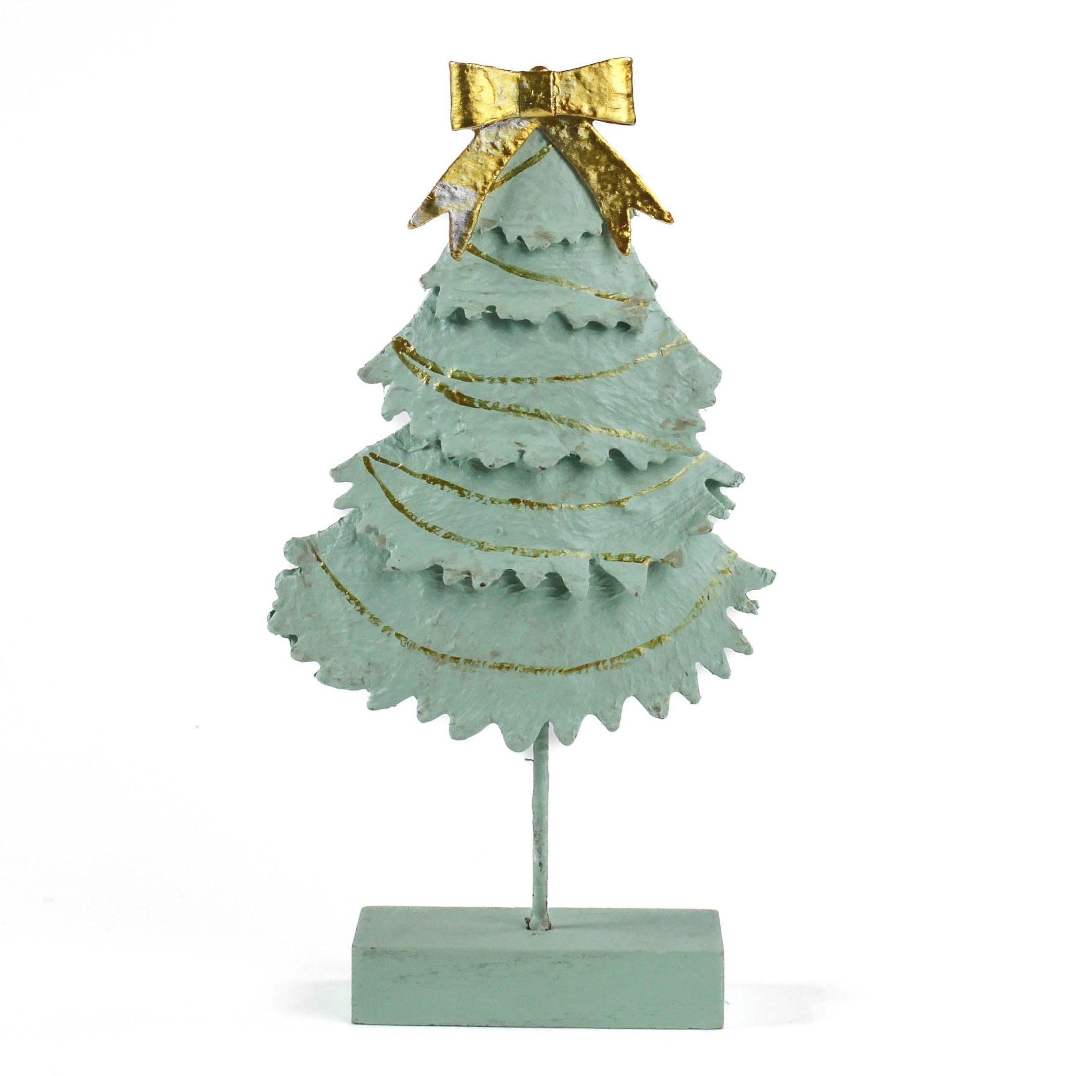 front of Green Christmas Tree Table Decorations in white background