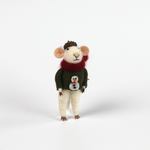 one felt mouse ornaments wearing cozy sweaters with festive designs—a snowman—topped with a tiny acorn cap and ready to hang.
