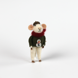 one felt mouse ornaments wearing cozy sweaters with festive designs—a snowman—topped with a tiny acorn cap and ready to hang.
