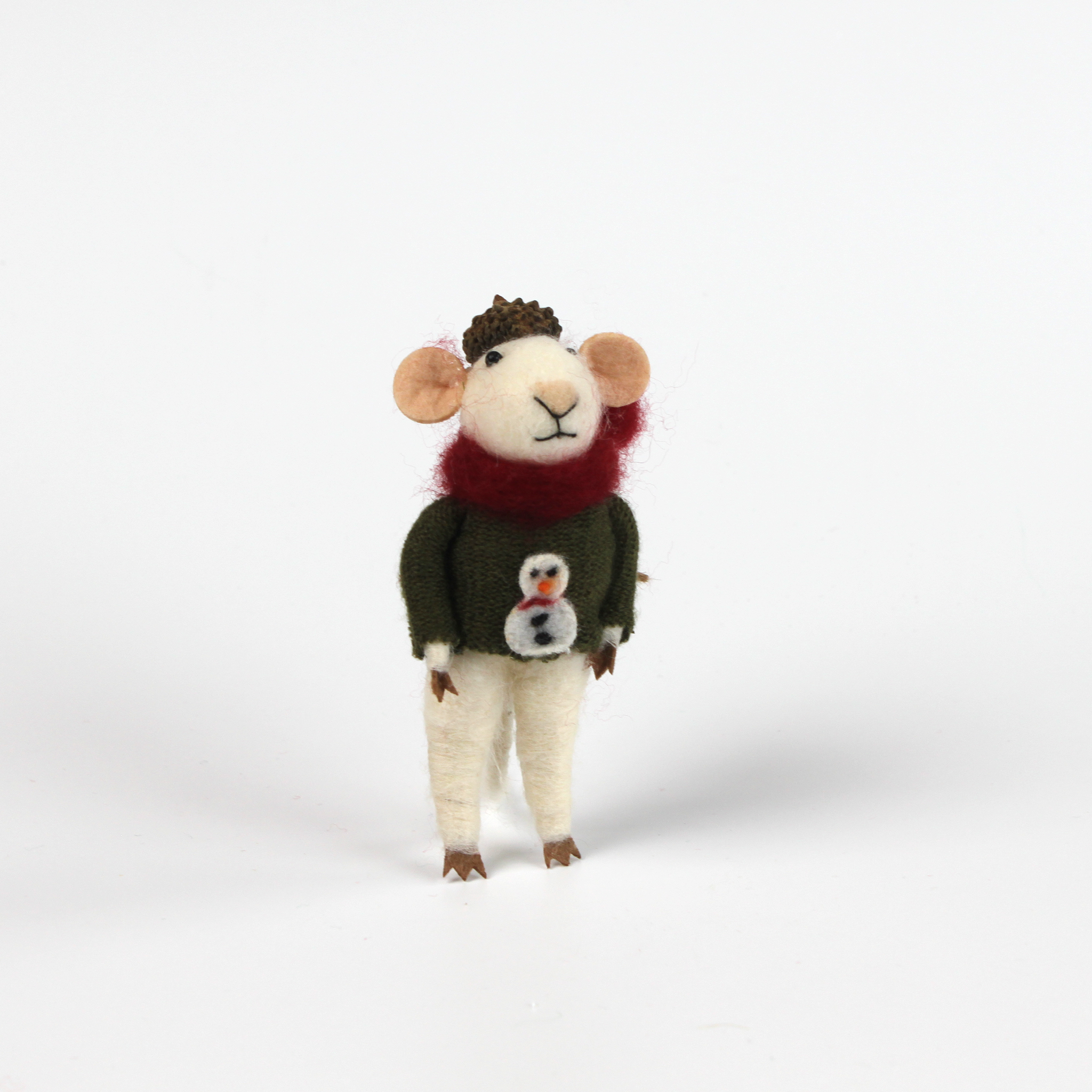 one felt mouse ornaments wearing cozy sweaters with festive designs—a snowman—topped with a tiny acorn cap and ready to hang.
