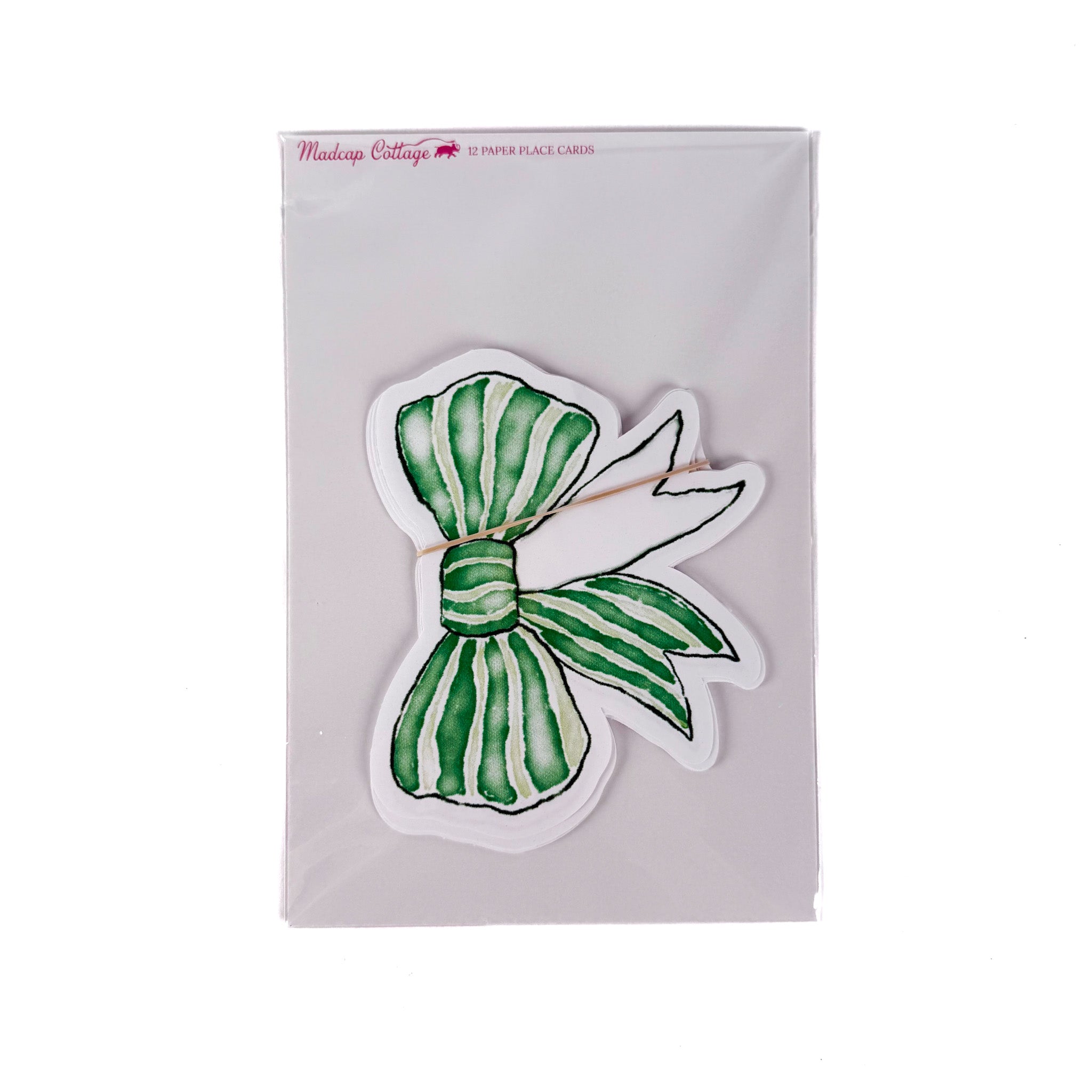Pack of green bow–shaped paper place cards with hand-painted striped bow design, shown in clear packaging on a white background.