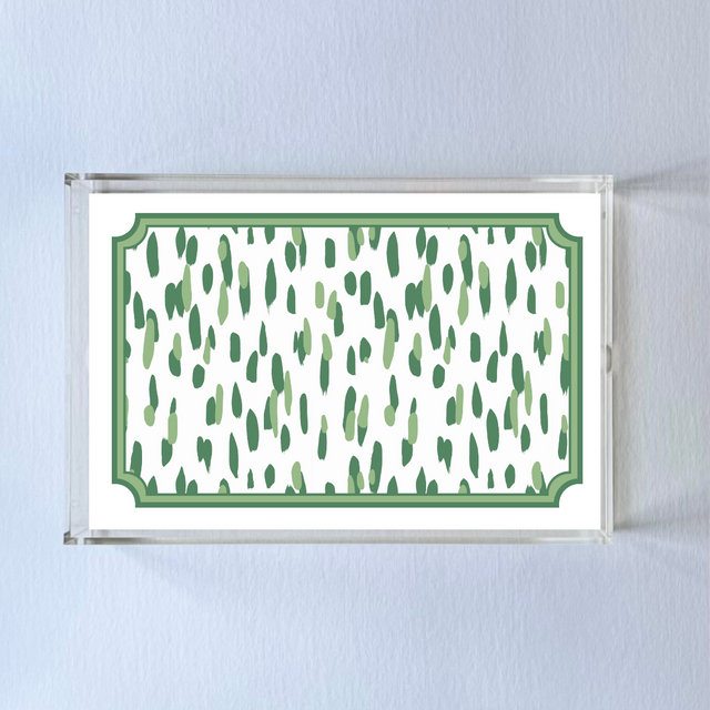 Acrylic tray featuring a green brushstroke motif pattern on the base