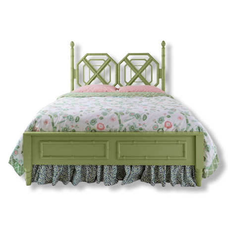 A green faux bamboo bed with chinoiserie bedding from madcap cottage