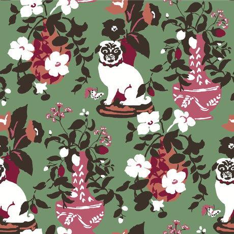 Green chinoiserie wallpaper with a pug and vase motif