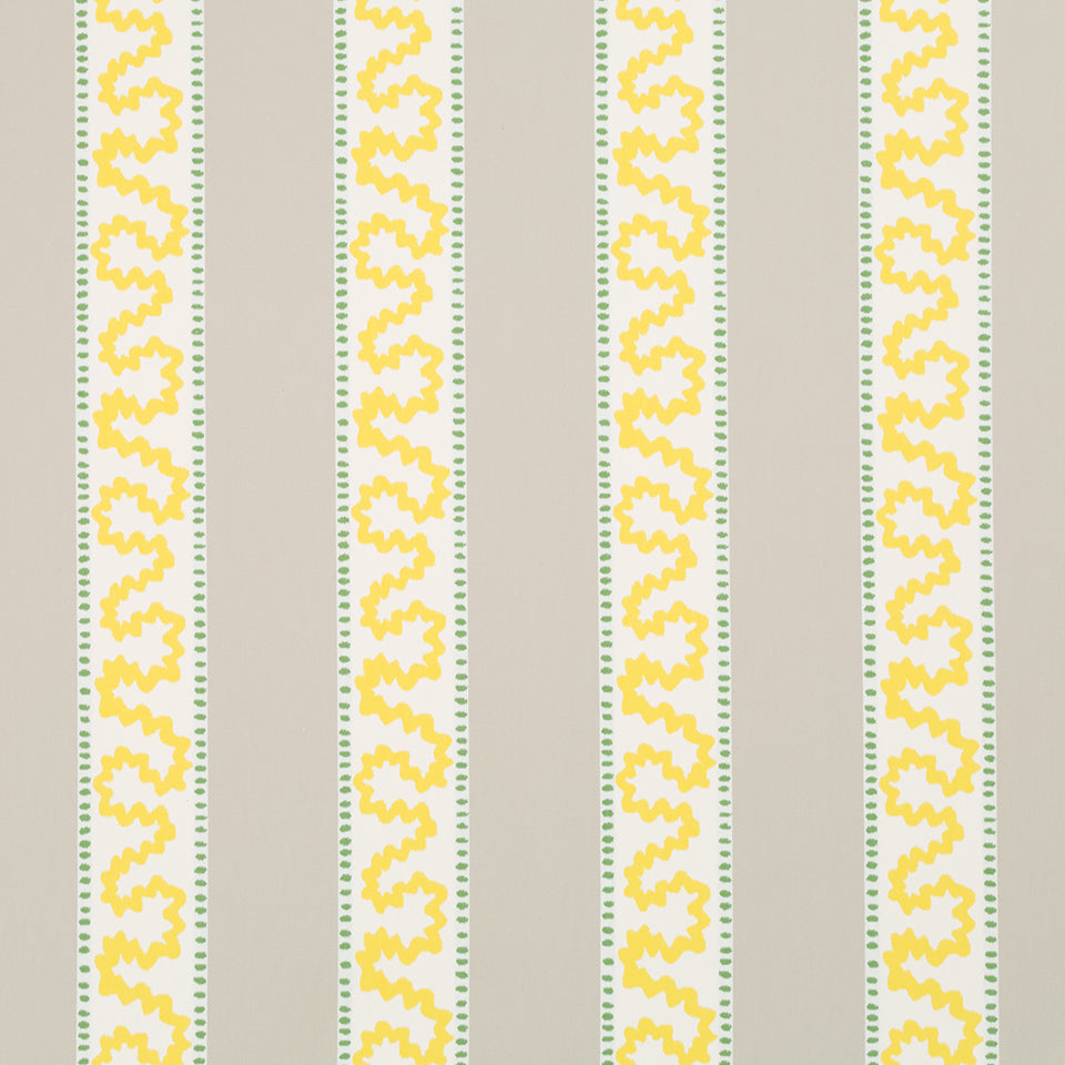 harbor trail yellow and white fabric by madcap cottage featuring beige and white stripes with a yellow squiggle motif on the white stripe