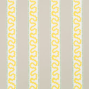 harbor trail yellow and white fabric by madcap cottage featuring beige and white stripes with a yellow squiggle motif on the white stripe