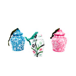 Set of three hand-painted ginger jar Christmas ornaments in blue, white, and pink with floral patterns, holiday tree decorations, chinoiserie ginger jar ornaments.