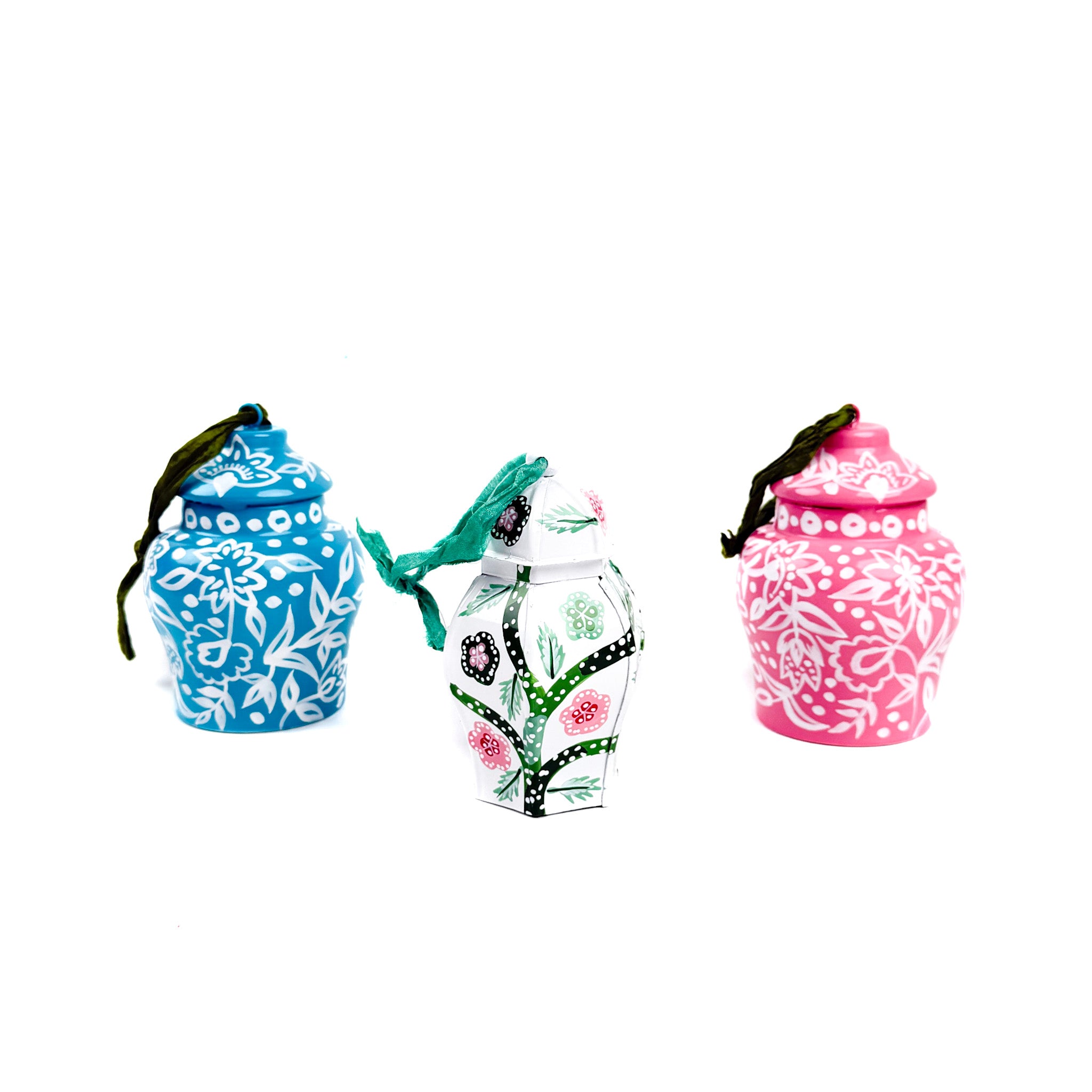 Set of three hand-painted ginger jar Christmas ornaments in blue, white, and pink with floral patterns, holiday tree decorations, chinoiserie ginger jar ornaments.