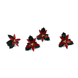 Set of four hand-painted metal poinsettia napkin rings with red flowers and green leaves.