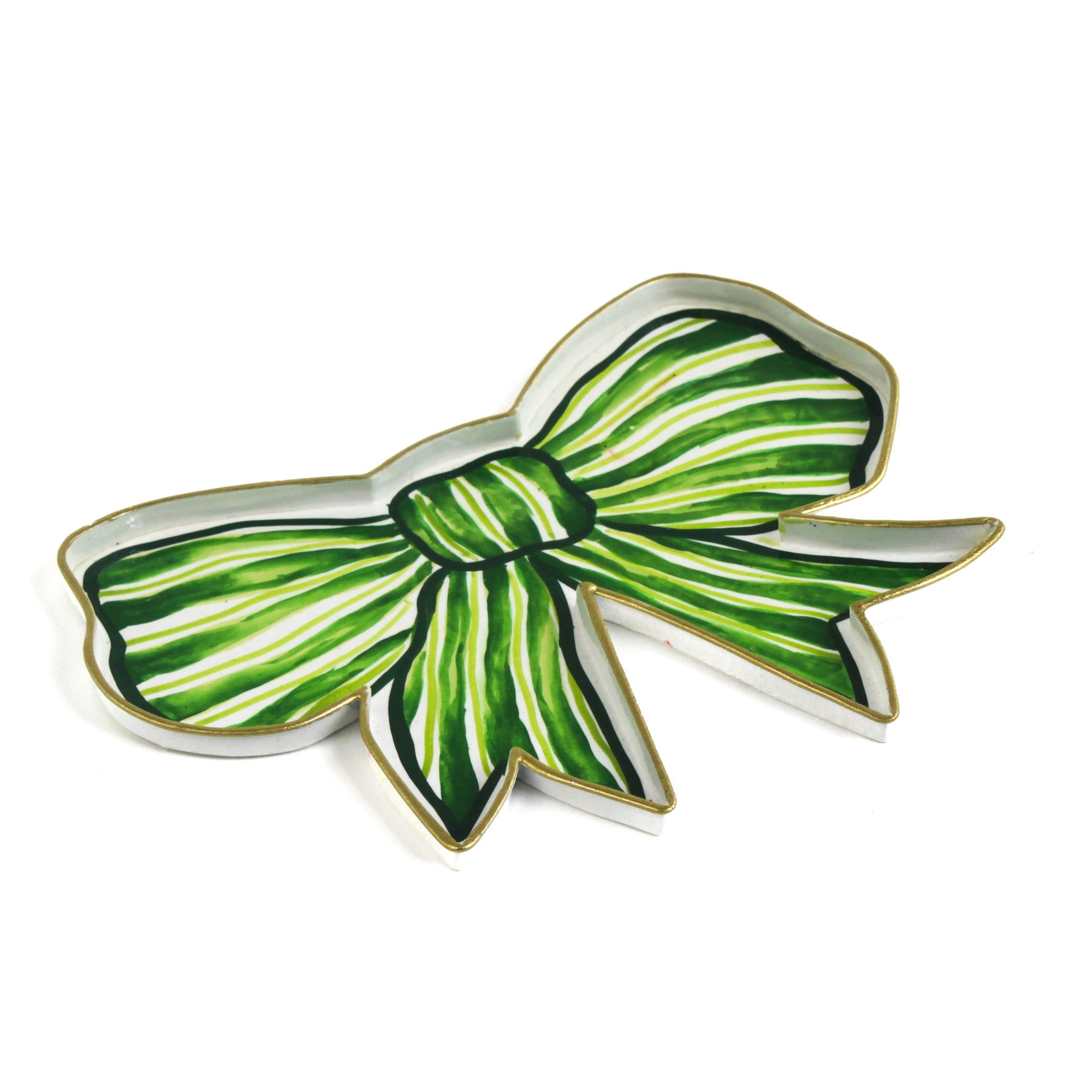 Green and white striped bow-shaped decorative tray with gold outline displayed on a white background.