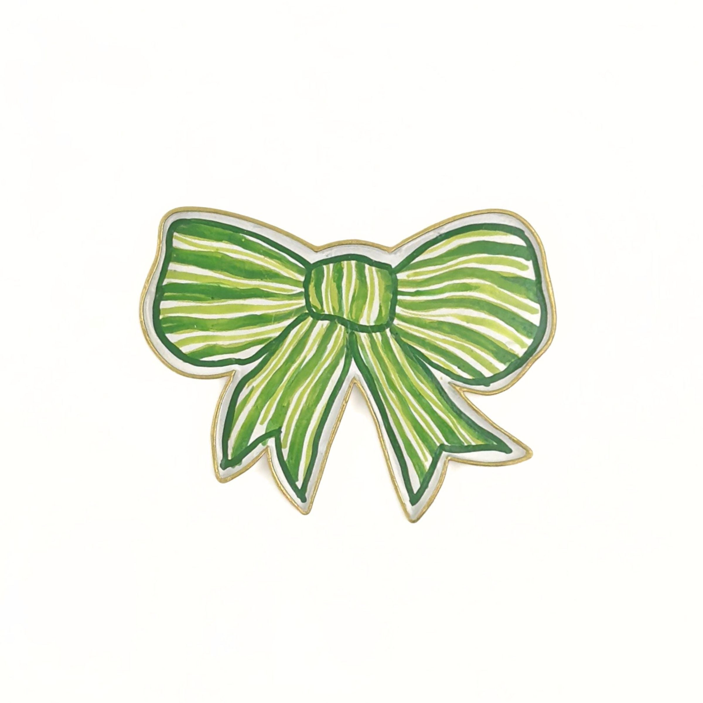 Front view of a green and white striped bow-shaped decorative tray with gold trim.