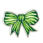Front view of a green and white striped bow-shaped decorative tray with gold trim.