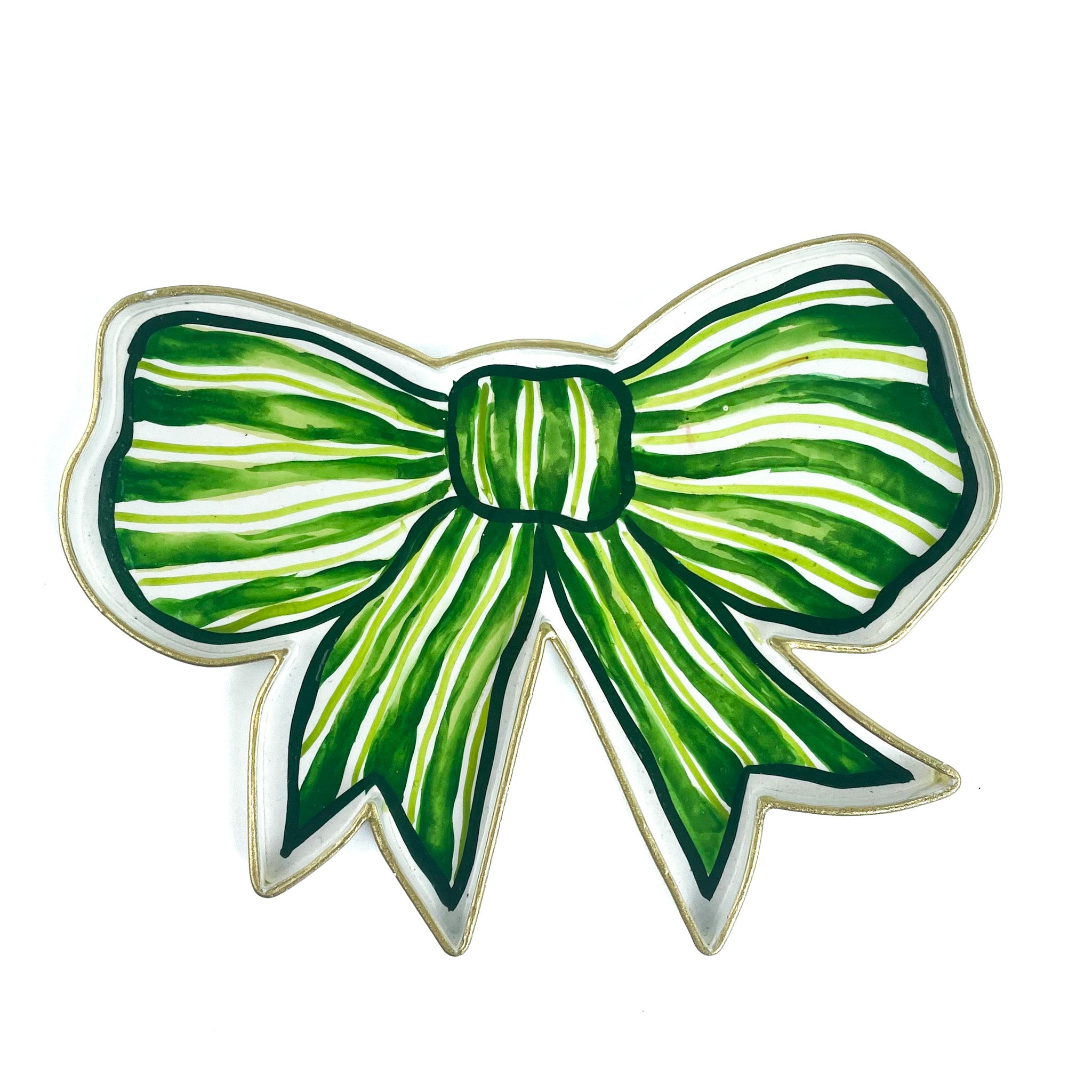 Front view of a green and white striped bow-shaped decorative tray with gold trim.