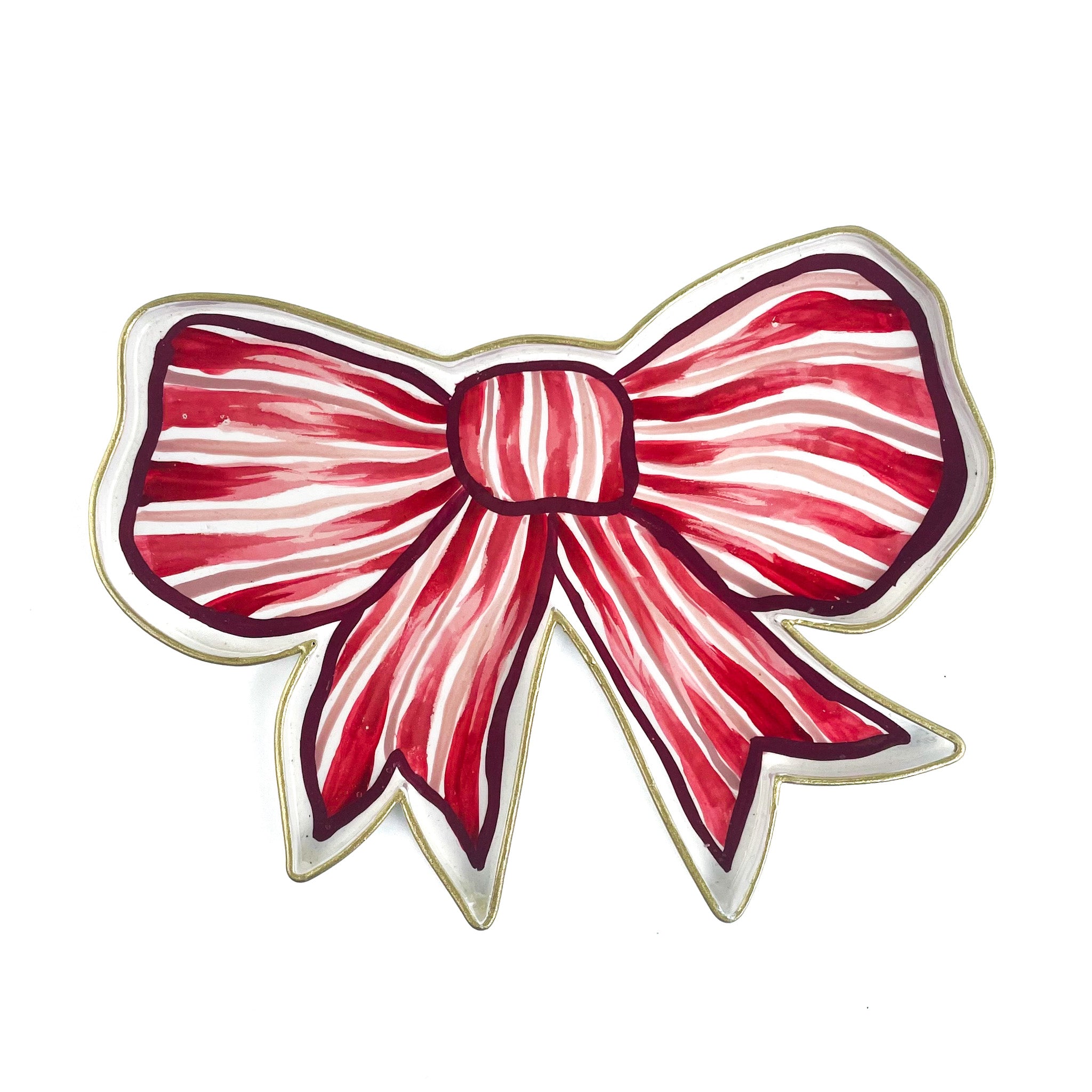 Front view of a red and white striped bow-shaped decorative tray with gold outline.