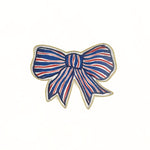 Front view of hand-painted tole tray featuring a patriotic red, white, and blue bow with gold trim on a white background
