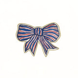 Front view of hand-painted tole tray featuring a patriotic red, white, and blue bow with gold trim on a white background