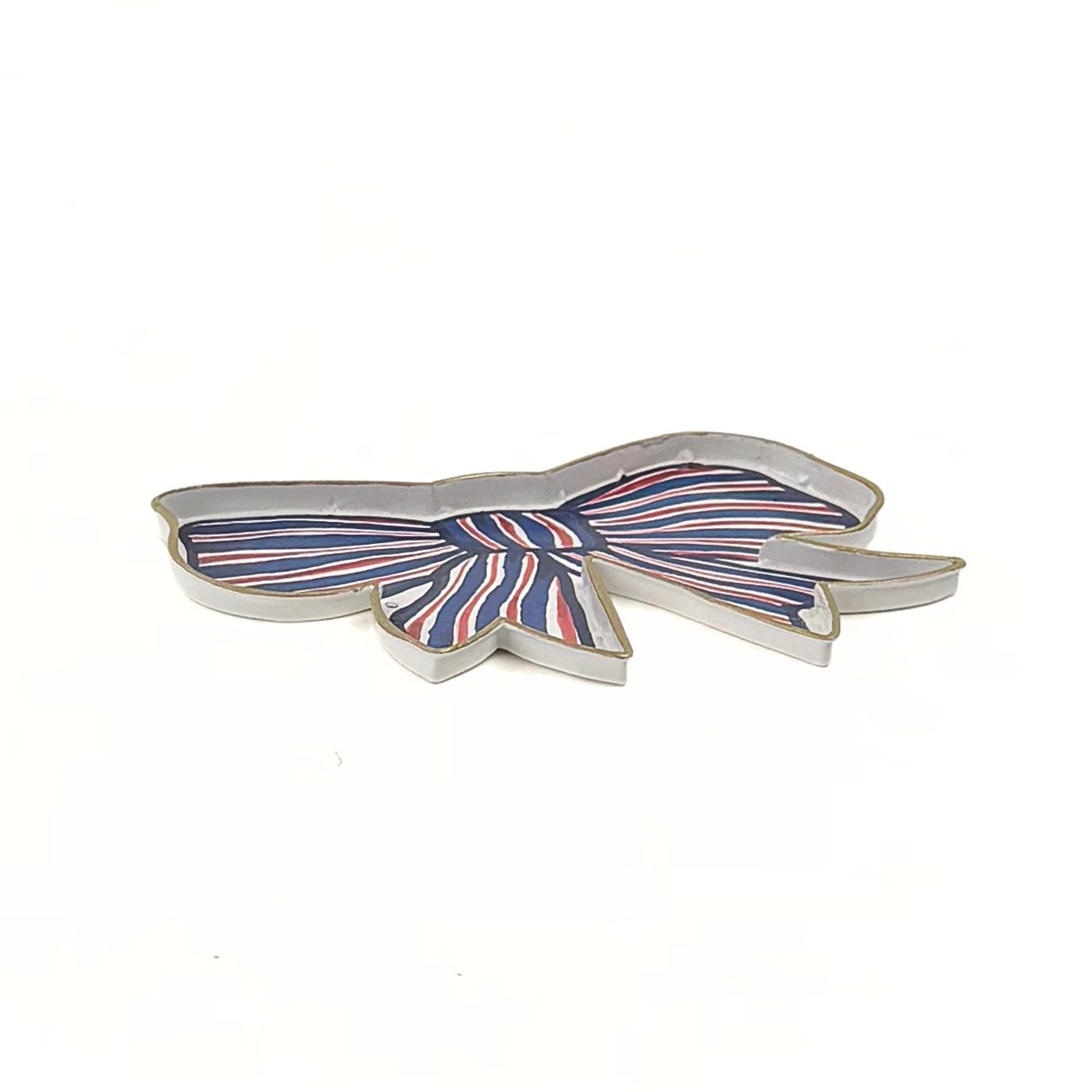 flat view hand-painted tole tray featuring a patriotic red, white, and blue bow with gold trim on a clean white background.
