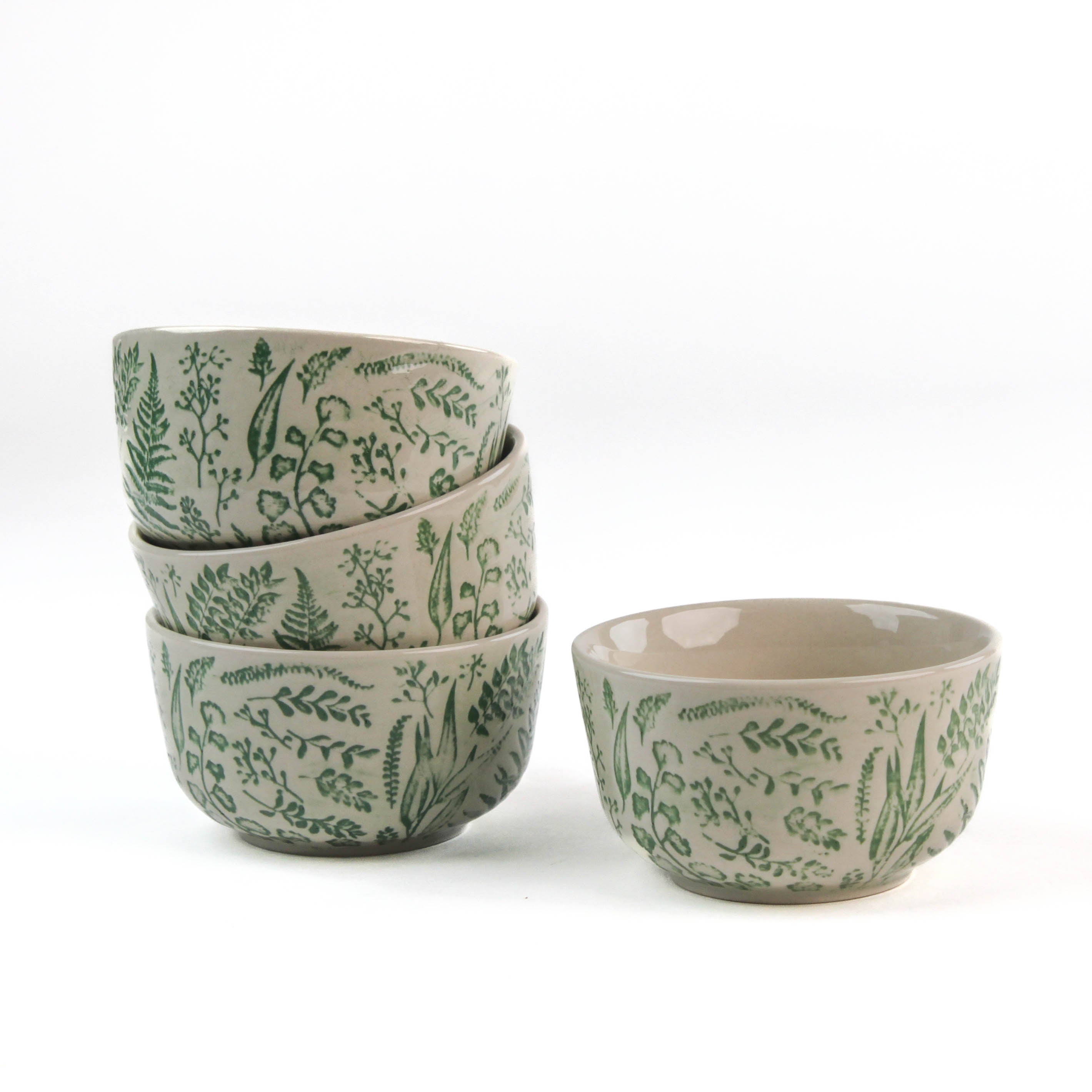 Hand-Stamped white and green Botanic Bowls with white background
