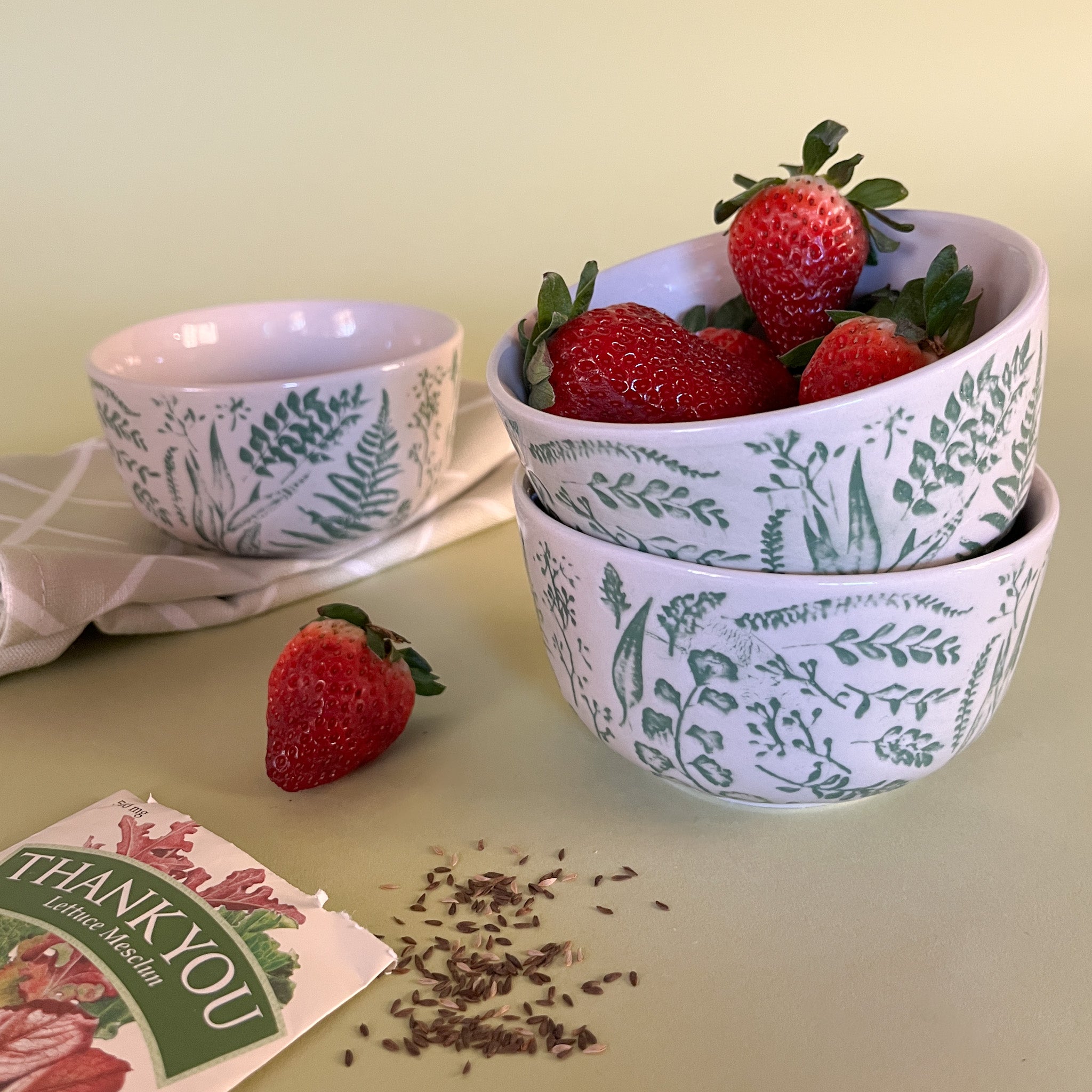 Hand-Stamped white and greenBotanic Bowls with strawberries