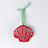 Coral conch-shaped Handcrafted Pink Orange Shells Felt Christmas Ornament with green gingham ribbon