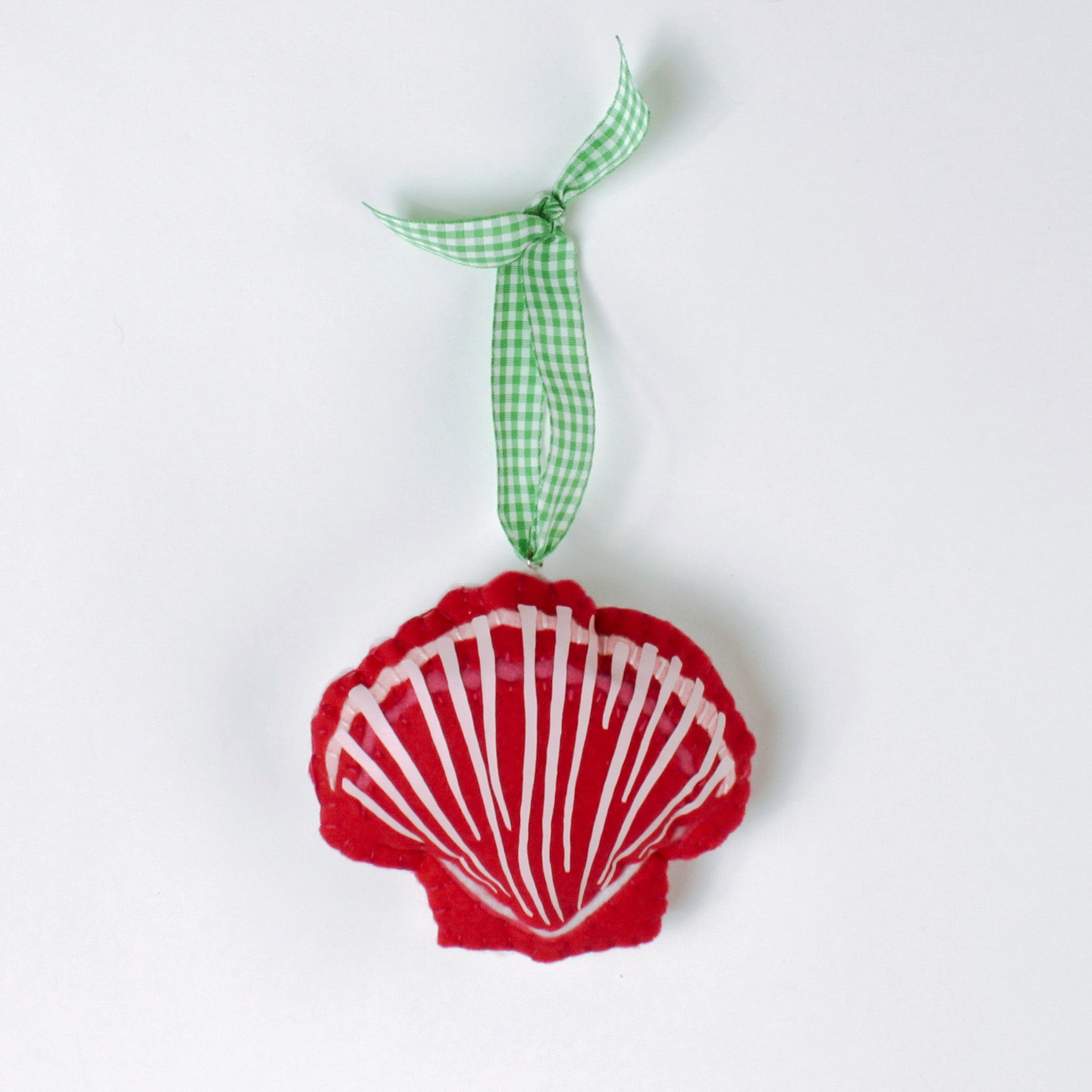 Coral conch-shaped Handcrafted Pink Orange Shells Felt Christmas Ornament with green gingham ribbon