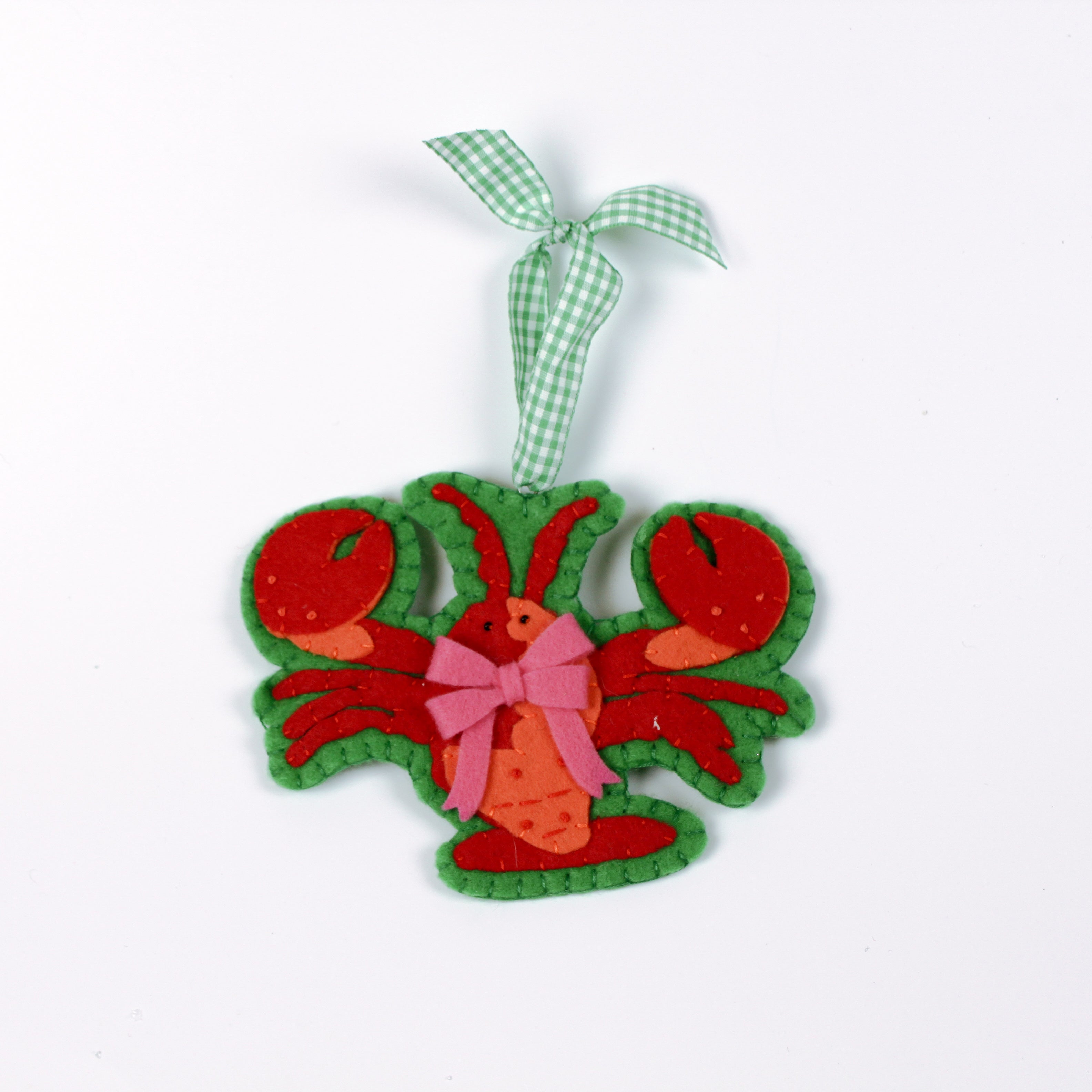 Handcrafted Lobster Felt Christmas Ornament on a white background