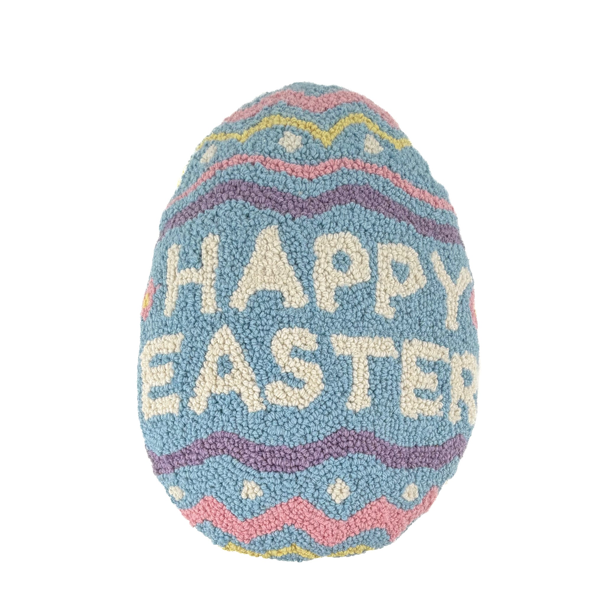 Front hooked pillow with Happy Easter text and colorful egg pattern design