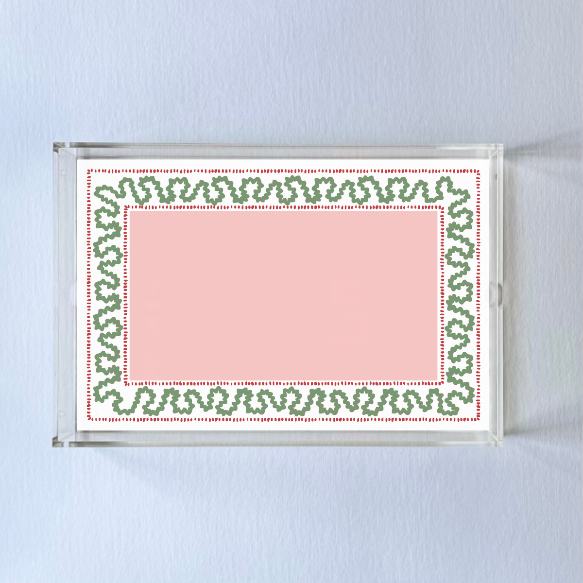 Harbor Trail Acrylic Tray Pink and green pattern With Red dash. Rectangular tray with integrated handles.