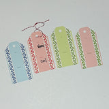 A set of colorful gift tags with decorative borders. The tags are laid out on a white surface.